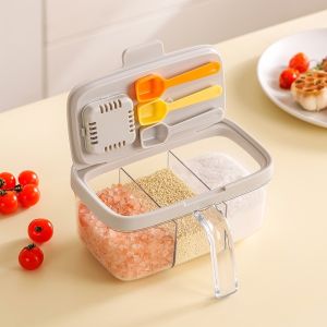 3 Grids Spice Jars with Magnetic Spoon Seasonings Condiments Salt Sugar Spice Jar 1200ML