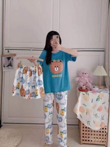 Womens Terno 3in1 Cotton Spandex Cute Cartoons Prints Tshirt Sleepwear Pajama Set  SIZE: Free size❤"