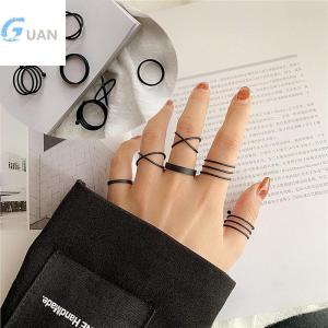 [COD] GUAN ชุดวงแหวนสีดำแนววินเทจสำหรับผู้หญิงจำนวน3 6ชิ้นทรงเรขาคณิตเมทัลลิกพังค์แบบเรียบง่าย