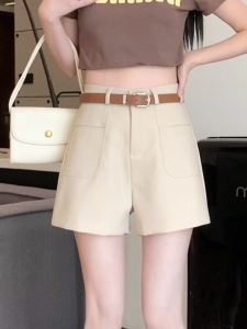 AMMIN กางเกงขาบานเสื้อสูทมีกระเป๋าสองชั้นเอวสูงกระชับสัดส่วนกางเกงขาสั้นมีเข็มขัดลำลองขาบาน2024ฤดูใบไม้ผลิ/ฤดูร้อน