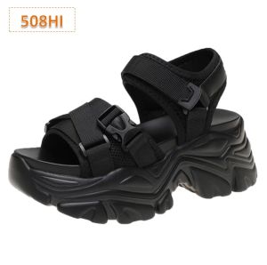 Sandal Gunung Tali Wanita Gladiator Fahion Kasual Korea Sol Tebal 5 Cm Hitam Putih (508)