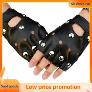 ✨QK shop✨ Leather Fingerless Short Gloves Black Rivets Stud Half Finger Mittens Fashion