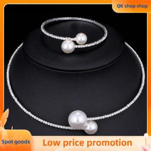 ✨QK shop✨ Fashion Simple Simulated Pearl Bridal Jewelry sets Adjustable Necklace Bracelet For Women Crystal Wedding Jewelry Gift