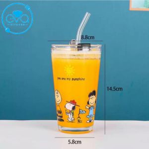 Cốc Thuỷ Tinh / Ly Thuỷ Tinh Uống Nước In Hình Dễ Thương Có Nắp Đậy Và Ống Hút Thuỷ Tinh Cao Cấp M2682