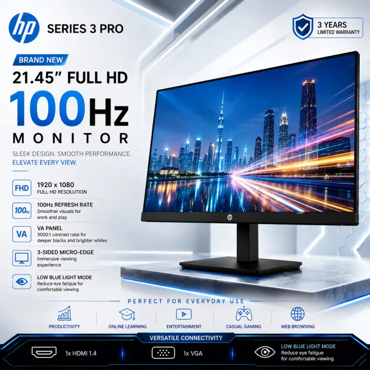 (BRAND NEW) Original HP Series 3 Pro 21.45" FHD 100Hz VA Monitor 1920x1080 HDMI VGA Low Blue Light