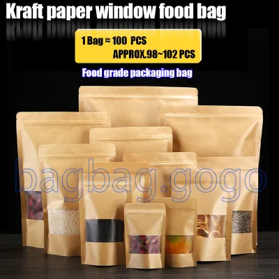 100pcs Brown Kraft Stand Up Pouch Plastic Paper Bag Packaging with Window