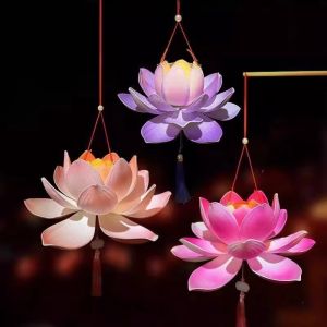 LIVELYN DIY Handheld Lotus Lantern Material Kit Ancient Style Luminous Lotus Lantern Kit Long Pole Lotus Flower Lamp Mid-Autumn Festival