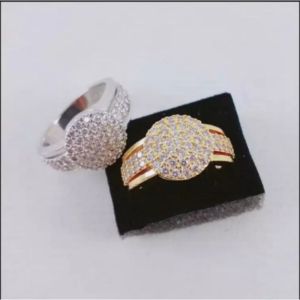 CINCIN TITANIUM LAPIS EMAS MOTIF BULAT 3 STRIP TEBAL FULL PERMATA XUPING ANTI KARAT ANTI LUNTUR