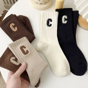 Darane ถุงเท้าผู้หญิงอินเทรนด์ ถุงเท้ากลางน่อง ถุงเท้าผู้หญิงน่ารัก ถุงเท้ากีฬา ถุงเท้าผ้าฝ้าย ถุงเท้าสีทึบ ถุงเท้าดูดซับเหงื่อ ปักบิ๊กซี ถุงเท้านุ่ม