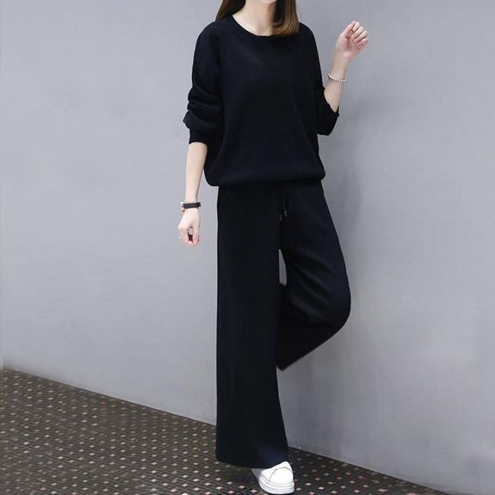Women Long Sleeve Shirt Suit Casual Shirts + Wide Leg Pants Outfit Sets  Loose Top Elastic Waisted Long Trousers Sleepwear