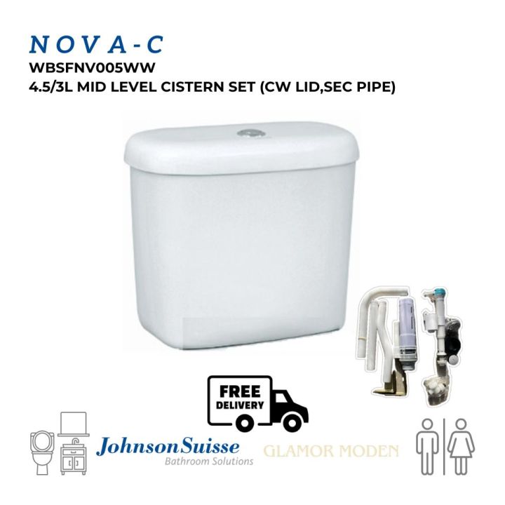 JOHNSON SUISSE WBSFNV005WW NOVAC 4.5/3L MID LEVEL TOILET CISTERN SET COME WITH LID , MID LEVEL