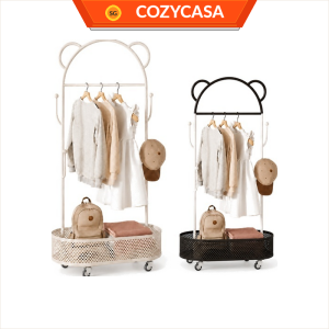 【CozyCasa】 Bear Ear Mobile Garment Rack with Basket Hooks Kids Adult Bedroom