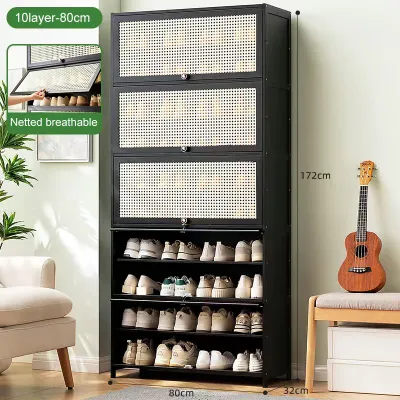 Bamboo Shoe Cabinet Flip-top Imitation Rattan Door Layered Large-capacity Removable Storage Rack Strong Load-bearing Capacity