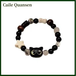 Caile สร้อยข้อมือลูกปัดรูปแมวสีดำน่ารักสำหรับผู้หญิงผู้ชายสร้อยข้อมือลูกปัดสีขาวสีดำลายการ์ตูนสัตว์คู่สร้อยข้อมืออินเทรนด์ของขวัญคู่รัก