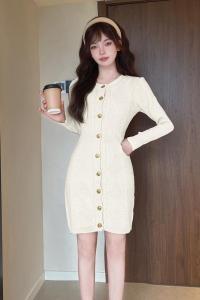 Dazzlin  ชุดเดรสถักสไตล์ชาแนลขนาดเล็กชุดเดรสเสื้อไหมพรมตัวในแบบยาวปานกลางแขนยาวสำหรับสาวตัวเล็กฤดูใบไม้ร่วงและฤดูหนาว