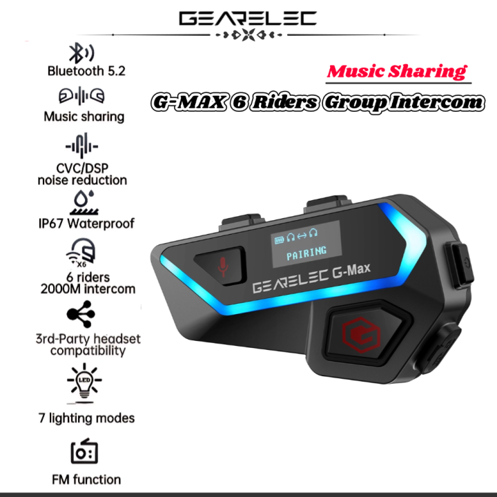 GEARELEC G-Max Motorcycle Helmet Headset 2000m Range Riders Intercom With  Lights Smart Display Music Sharing FM Radio