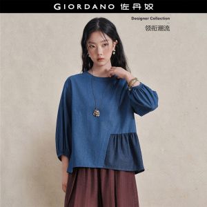 Giordano Women 100% cotton asymmetric hem denim blouse Free Shipping 18346821