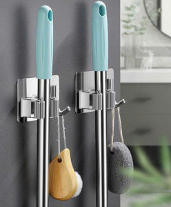 Kẹp giữ chổi cây lau nhà dán tường 2in1 kèm móc treo bằng inox 304 siêu chắc và chịu lực