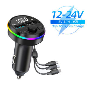 KEBETEME 4.8A 3 IN 1 Car Charger Fast Charging Cable Bluetooth 5.0 FM Transmitter Handsfree Audio Receiver