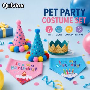Pet Birthday Party Costume Set Adjustable Soft Polyester Dog Cat Hat Bandana Bib Photo Prop Blue Pink Puppy