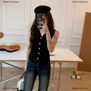 [COD] Home Fashion French Retro Solid Color V-neck Single-breasted Sleeveless Knitted Vest For Women