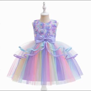 1 2 3 4 5 6 8 10 Years Flowers Baby Girls Dress Summer Rainbow Mesh Little Princess Dress Piano Performance Costume Kids Clothes2026