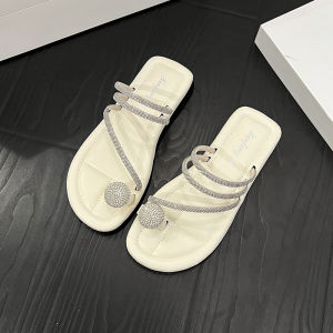 [Free Shipping] Womens Summer Flat Sandals for Outdoor Wear 2025 New Model with Rhinestones Soft Sole Non-Slip-Toe Beach Flip-Flops