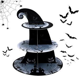 3 Tier Halloween Cupcake Stand The Nightmare Cardboard Cake Stand Tower Pumpkin Bat Scary Party Cupcake Serving Tray Dessert Tower for Halloween Carnival Party Decoration Supplies