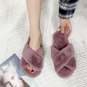 New Rabbit Fur Plush Slippers Fashion Cross Indoor Cotton Slippers For Women
