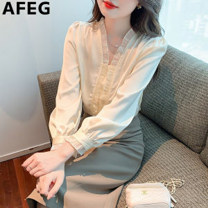 AFEG solid color Korean version V-neck fashion loose temperament chiffon long-sleeved blouse