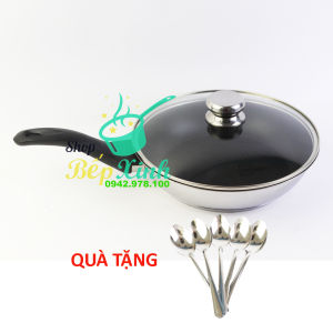 Chảo chống dính có nắp kính Fivestar inox 430  3đáy  tặng 5 muỗng ( 16cm 20cm )  dùng được bếp từ  hồng ngoại  gas