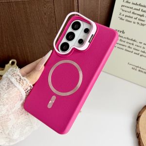Metal Folding Camera Stand Holder Case For Samsung S26 S25 S24 S23 Ultra Plus Magnetic For Magsafe Matte Leather Textured Cover