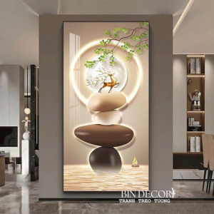 Tranh treo tường hươu trên đá cuội trang trí decor kèm đinh TT137