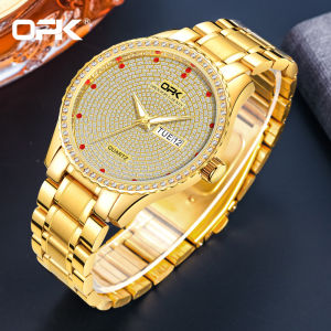 OPK Watch For Men Waterproof Flash Diamond Dial Stainless Steel Strap With Calendar Luminous Quartz Mens Casual Watch