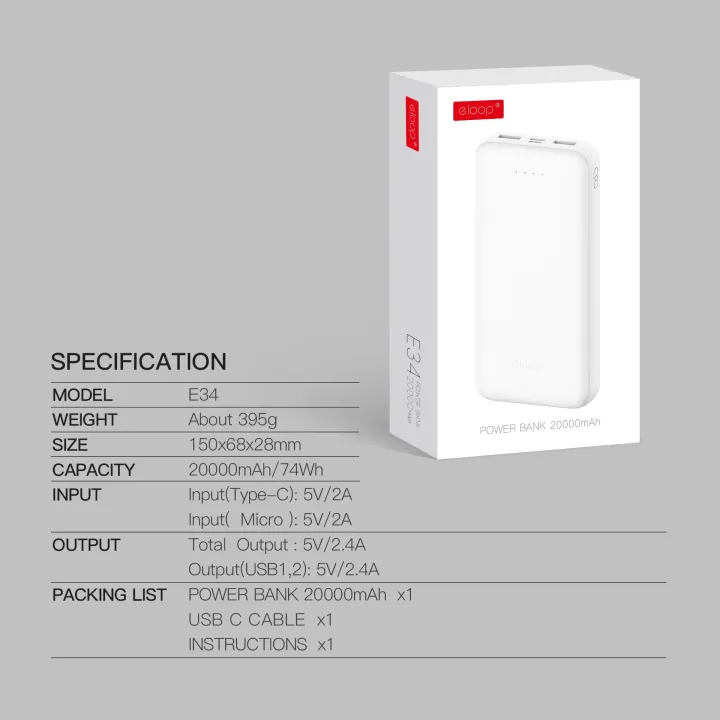 ใหม่ล่าสุด !! Eloop E34 PowerBank แบตสำรอง ความจุ 20000mAh แบตเตอรี่ ...