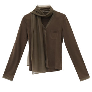 2026 Autumn Women V‑Neck Mesh Ribbon Splicing Knit Long Sleeve Top Fashion Casual Blouse
