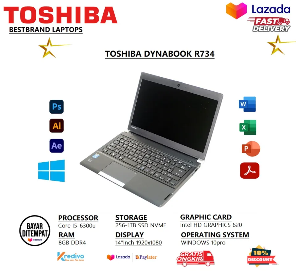 LAPTOP TOSHIBA DYNABOOK R734 CORE i5 6TH RAM 8GB/512GB SSD WIN 10