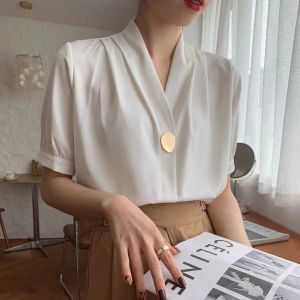 Herstore เสื้อหลวมใหญ่พิเศษเสื้อชีฟองเสื้อคอวีแขนสั้นเข้ารูปอเนกประสงค์สไตล์เสื้อผู้หญิงเสื้อยืดผู้หญิงแฟชั่น