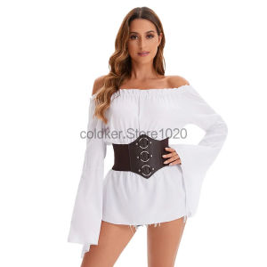 New Women Renaissance Blouse Vintage White Off Shoulder Flare Sleeves Medieval Pirate Costume Shirts Steampunk Corset Belt Tops