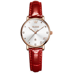 OLEVS 5505 Quartz Women Fashion Watch Gift Round-dial Genuine Leather Watchband Wristwatch Calendar
