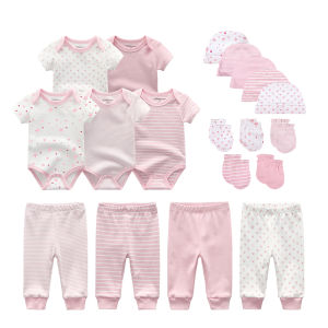 Kidddiezoom Cotton Clothes 19 Piece Newborn Baby Clothes Sets/Terno Gift Include 5 Baby Romper+4 Baby Pants+5 Baby Hats+5 Pair Baby Gloves