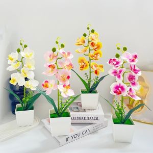 WXUZGC168 Phalaenopsis Artificial Orchid Potted Flowers Multi-Bloom 8 Heads Plastic Fake Flower with White Pot Bonsai Home Decor