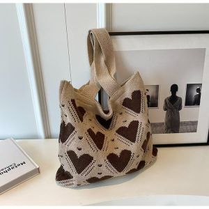 New Ins Style Knitted Tote Bag Heart Pattern Large Capacity Shoulder Bag Daily Casual Shopping Bag