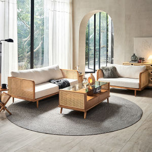 New Chinese style r solid wood sofa Nordic ash wood three-seat simple rattan living room sofa