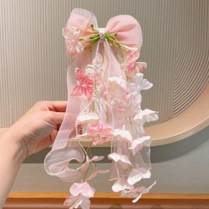 WATER Oversized Jumbo Organza Bowknot Beaded-streamer Mesh-textiled Girls Floral Hairpins Tassel Hair Accessories Snag-free Tulle Ribbon Streamers Birthdays