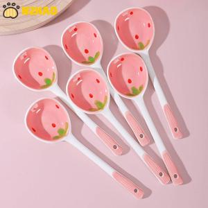 【N2HAO】 1Pc Cute Strawberry Ceramic Soup Spoon Ice Cream Hand Painted Coffee Dessert Long Handle Spoon Kitchen Tableware Accessories