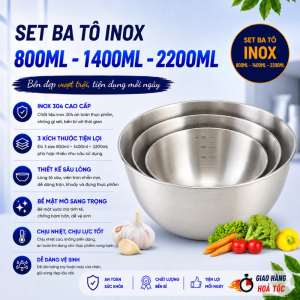 Sét 3 bát trộn bột thau trộn salad ướp thịt tô đựng cơm canh chất liệu inox có vạch chia dung tích đa năng tiện lợi