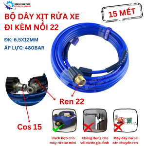 Dây xịt rửa xe 10-30M KT 6.5x12mm W1 ren 22mm nhựa PVC. dây áp lực cao 480 bar (7000PSI) súng xịt rửa xe chính hãng HTC