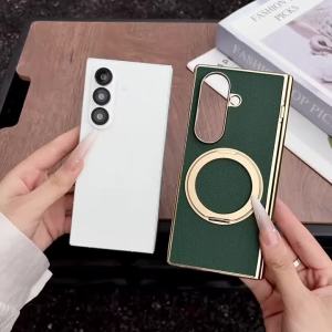 Magnetic Leather Phone Case For Samsung Galaxy Z Fold 7 8 Ultra With Electroplated 360 Rotating Bracket Hinge Cover