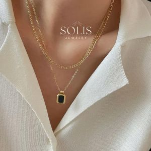 2 Layers Figaro Chain Sqaure Black White Shell Pendant Stacking Necklace • 18K Gold Plated Waterproof Non Tarnish • 316L Stainless Titanium Steel Necklaces for Women NL100